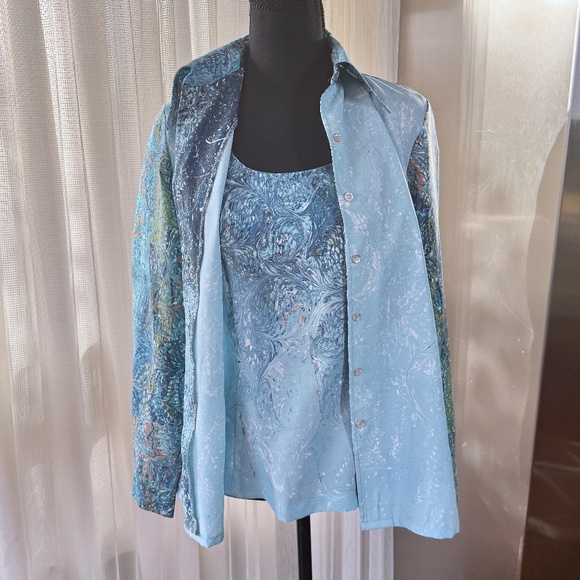 Vintage 80s twin set, camisole & blouse, blue abstract ombre print, 4/6 (S/M) - Picture 1 of 13
